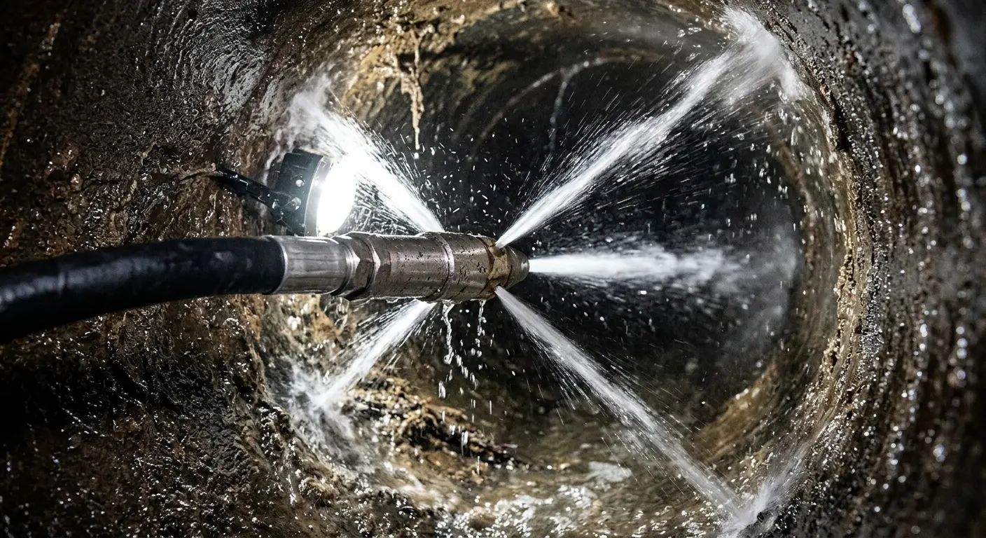 High-pressure hydro jetting nozzle cleaning sewer pipe for Trenchless Sewer Repair in Plattsburgh