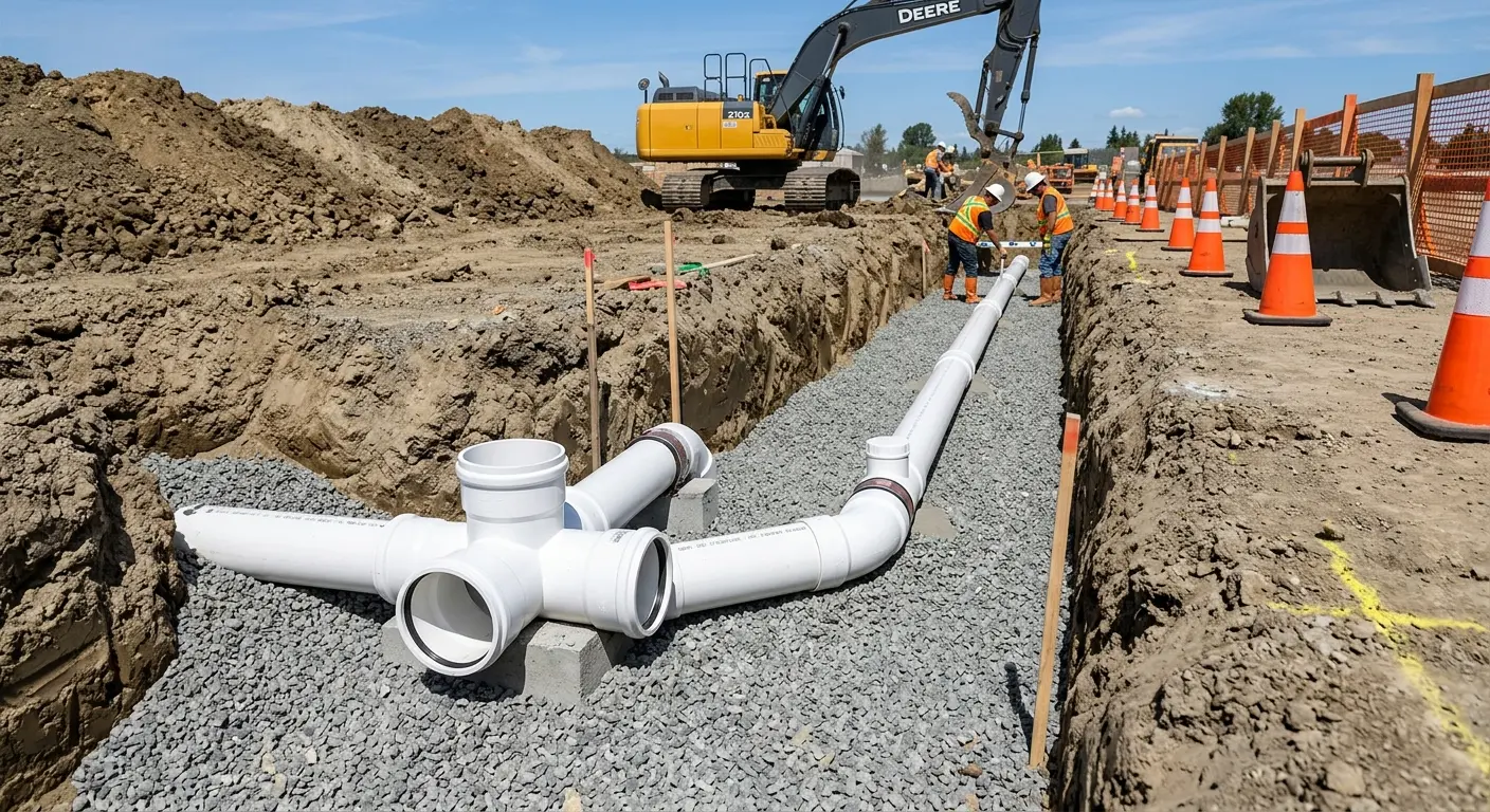 New PVC sewer pipe installation in open trench for Commercial Drain Cleaning in Plattsburgh