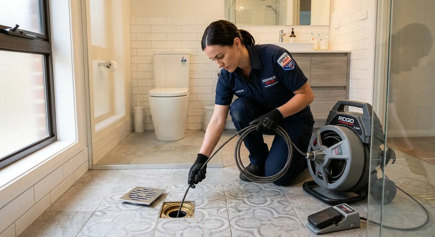 Technician clearing a bathroom floor drain for Clogged Drain Repair in Plattsburgh